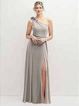 Front View Thumbnail - Taupe Handworked Flower Trimmed One-Shoulder Chiffon Maxi Dress