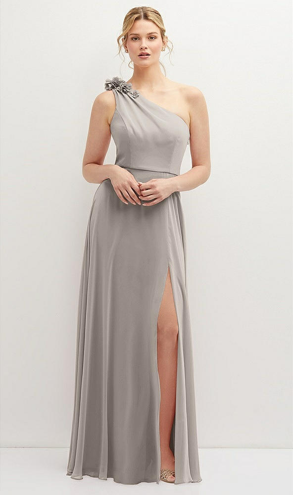 Front View - Taupe Handworked Flower Trimmed One-Shoulder Chiffon Maxi Dress