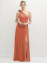 Front View Thumbnail - Terracotta Copper Handworked Flower Trimmed One-Shoulder Chiffon Maxi Dress