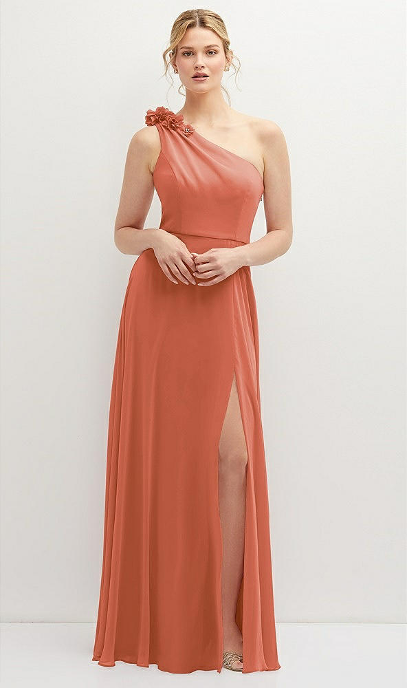 Front View - Terracotta Copper Handworked Flower Trimmed One-Shoulder Chiffon Maxi Dress