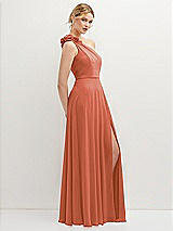 Side View Thumbnail - Terracotta Copper Handworked Flower Trimmed One-Shoulder Chiffon Maxi Dress