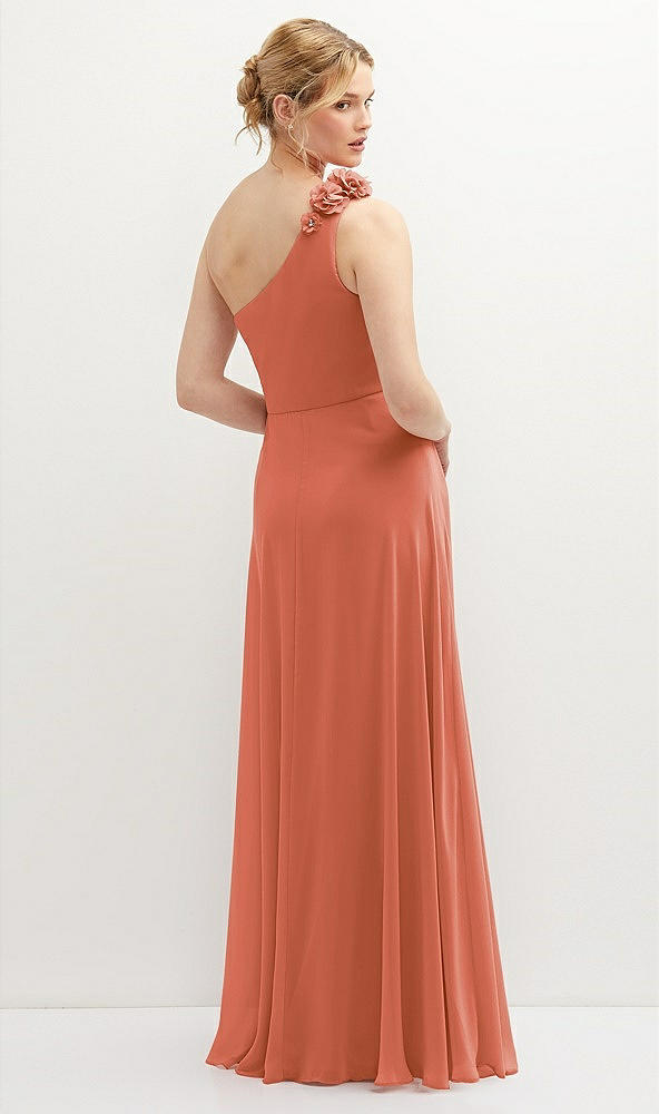 Back View - Terracotta Copper Handworked Flower Trimmed One-Shoulder Chiffon Maxi Dress