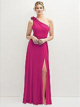 Front View Thumbnail - Think Pink Handworked Flower Trimmed One-Shoulder Chiffon Maxi Dress