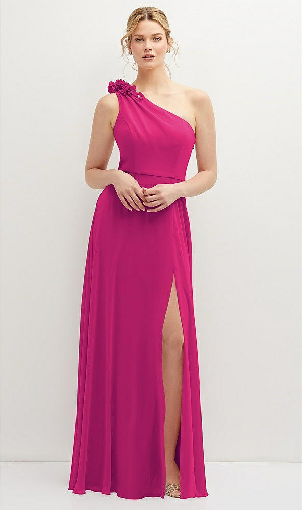 Front View - Think Pink Handworked Flower Trimmed One-Shoulder Chiffon Maxi Dress