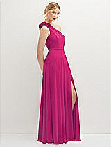 Side View Thumbnail - Think Pink Handworked Flower Trimmed One-Shoulder Chiffon Maxi Dress