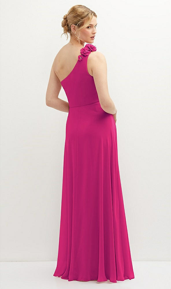 Back View - Think Pink Handworked Flower Trimmed One-Shoulder Chiffon Maxi Dress