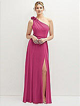 Front View Thumbnail - Tea Rose Handworked Flower Trimmed One-Shoulder Chiffon Maxi Dress