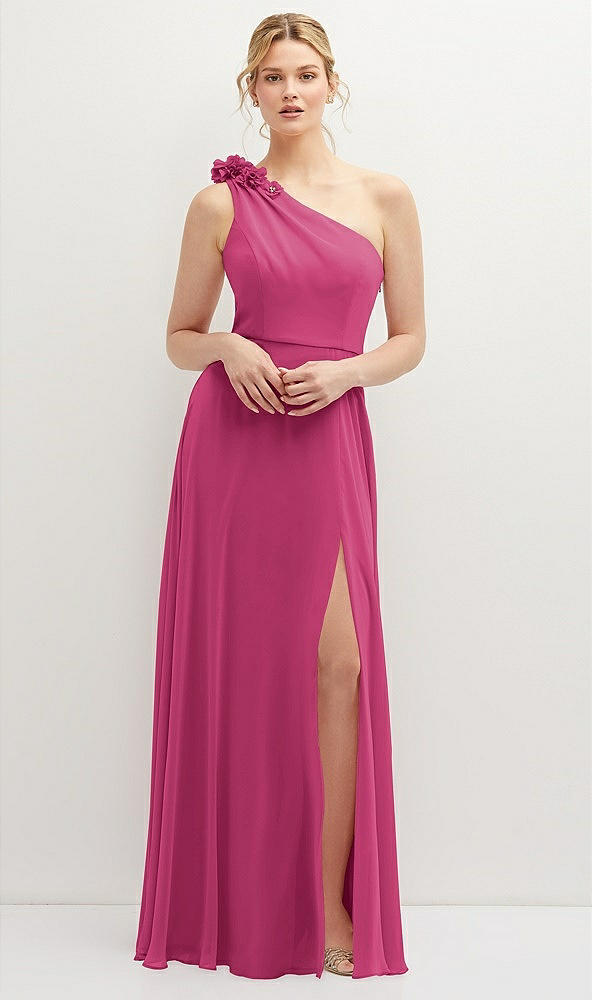 Front View - Tea Rose Handworked Flower Trimmed One-Shoulder Chiffon Maxi Dress
