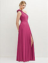 Side View Thumbnail - Tea Rose Handworked Flower Trimmed One-Shoulder Chiffon Maxi Dress