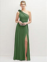 Front View Thumbnail - Vineyard Green Handworked Flower Trimmed One-Shoulder Chiffon Maxi Dress