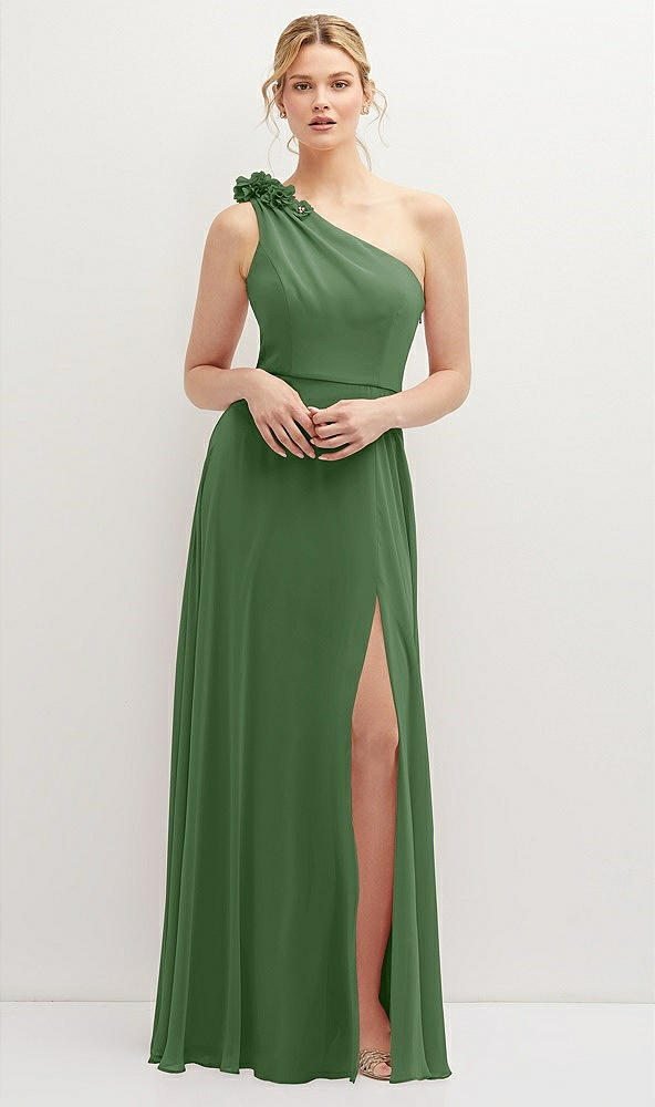 Front View - Vineyard Green Handworked Flower Trimmed One-Shoulder Chiffon Maxi Dress