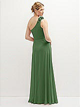Rear View Thumbnail - Vineyard Green Handworked Flower Trimmed One-Shoulder Chiffon Maxi Dress