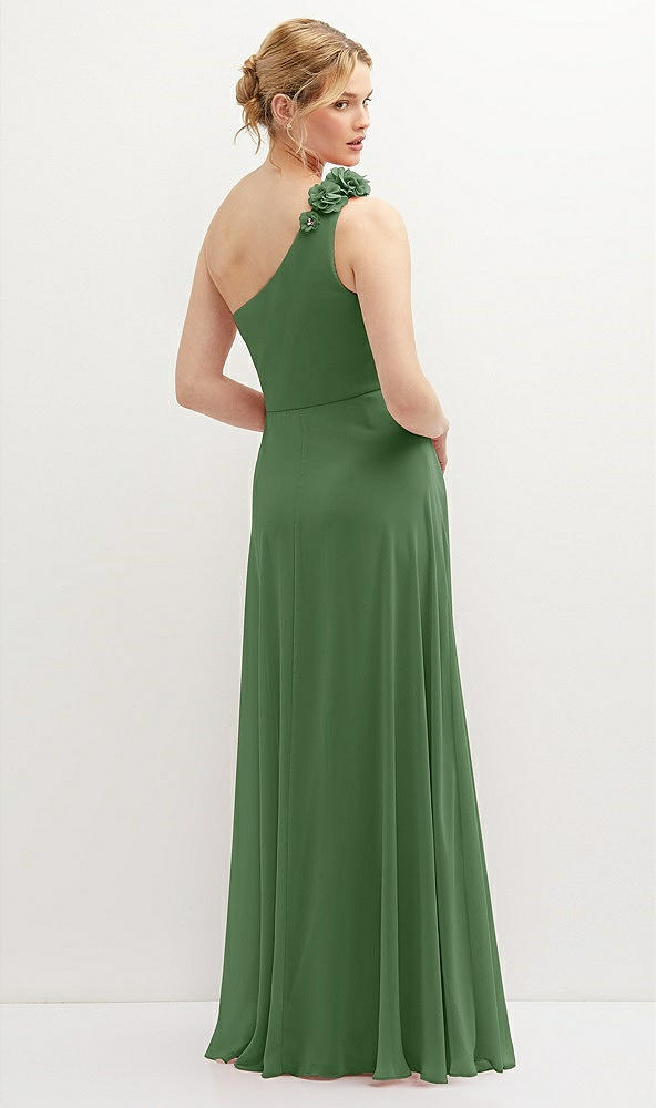 Back View - Vineyard Green Handworked Flower Trimmed One-Shoulder Chiffon Maxi Dress