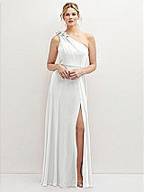 Front View Thumbnail - White Handworked Flower Trimmed One-Shoulder Chiffon Maxi Dress