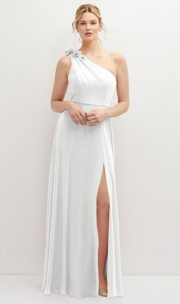 Front View - White Handworked Flower Trimmed One-Shoulder Chiffon Maxi Dress