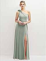 Front View Thumbnail - Willow Green Handworked Flower Trimmed One-Shoulder Chiffon Maxi Dress