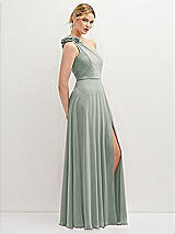 Side View Thumbnail - Willow Green Handworked Flower Trimmed One-Shoulder Chiffon Maxi Dress