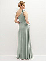 Rear View Thumbnail - Willow Green Handworked Flower Trimmed One-Shoulder Chiffon Maxi Dress