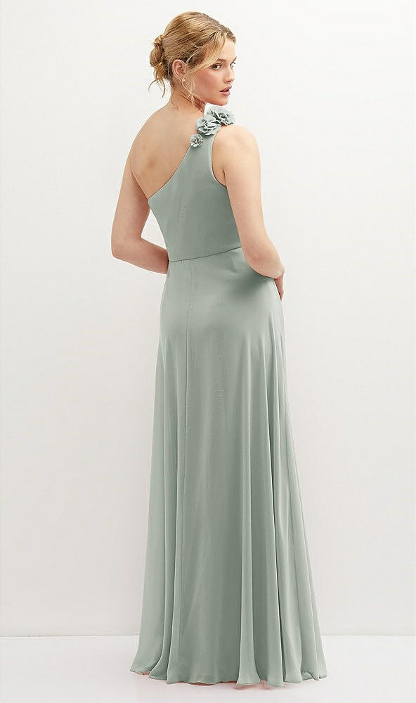 Back View - Willow Green Handworked Flower Trimmed One-Shoulder Chiffon Maxi Dress