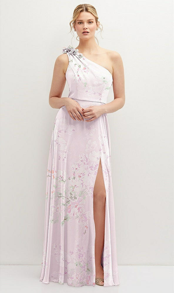 Front View - Watercolor Print Handworked Flower Trimmed One-Shoulder Chiffon Maxi Dress