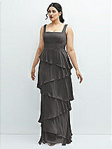 Front View Thumbnail - Caviar Gray Asymmetrical Tiered Ruffle Chiffon Maxi Dress with Square Neckline