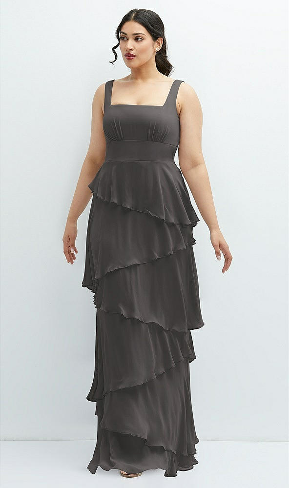 Front View - Caviar Gray Asymmetrical Tiered Ruffle Chiffon Maxi Dress with Square Neckline