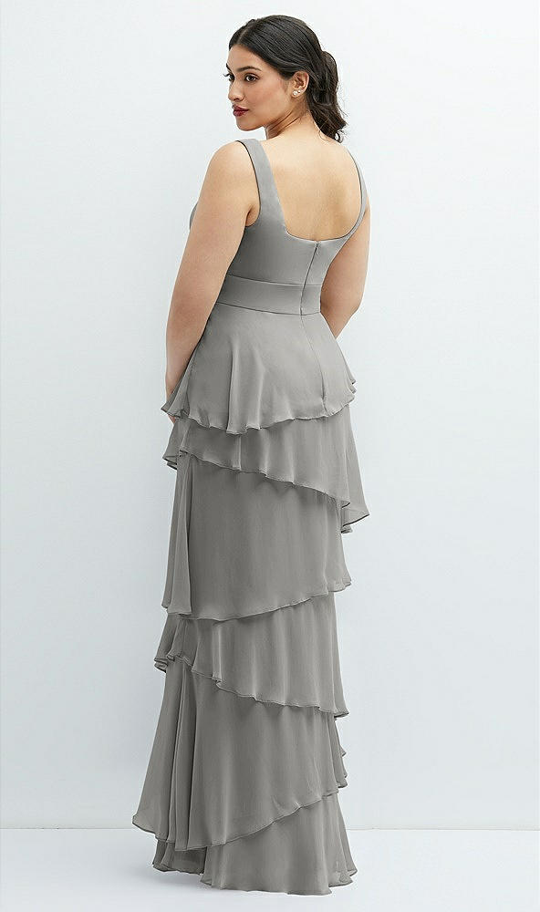 Back View - Chelsea Gray Asymmetrical Tiered Ruffle Chiffon Maxi Dress with Square Neckline