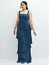 Front View Thumbnail - Dusk Blue Asymmetrical Tiered Ruffle Chiffon Maxi Dress with Square Neckline