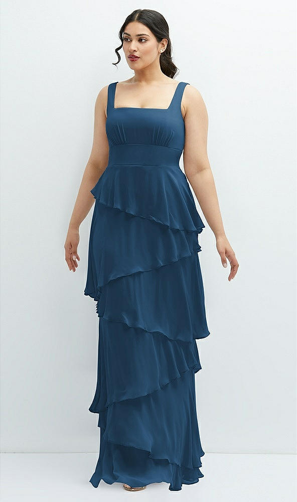 Front View - Dusk Blue Asymmetrical Tiered Ruffle Chiffon Maxi Dress with Square Neckline