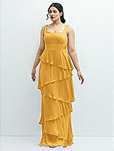 Front View Thumbnail - NYC Yellow Asymmetrical Tiered Ruffle Chiffon Maxi Dress with Square Neckline