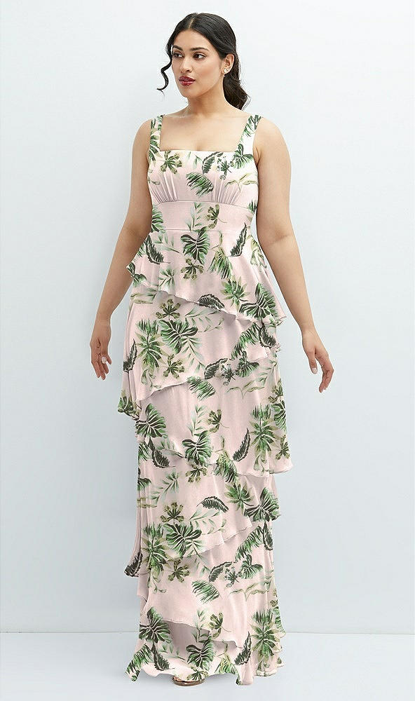 Front View - Palm Beach Print Asymmetrical Tiered Ruffle Chiffon Maxi Dress with Square Neckline