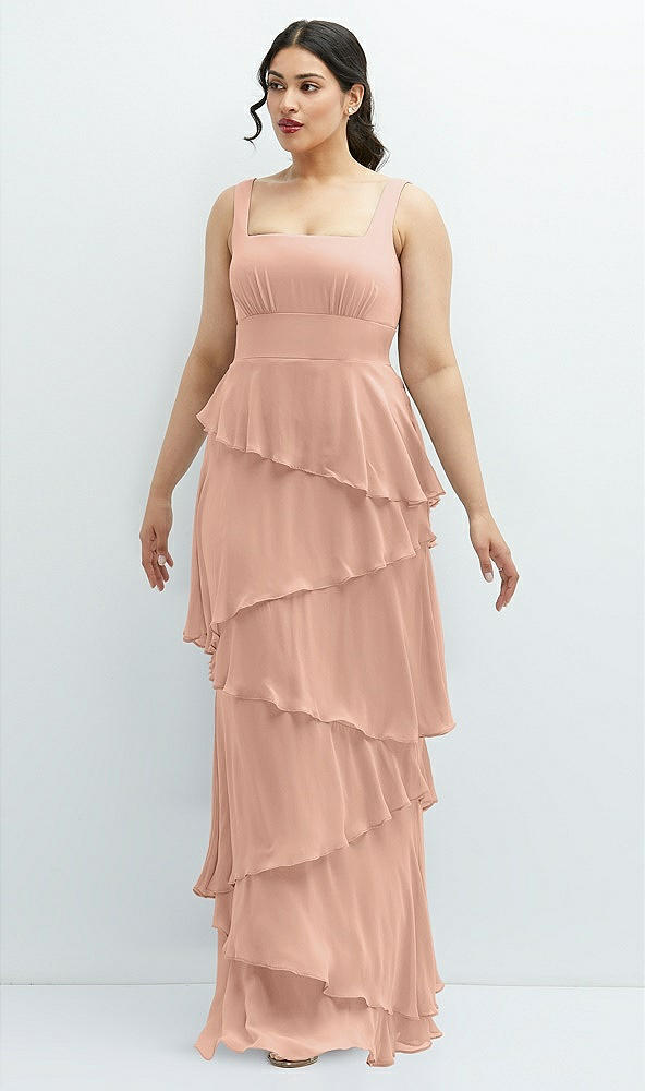 Front View - Pale Peach Asymmetrical Tiered Ruffle Chiffon Maxi Dress with Square Neckline
