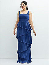 Front View Thumbnail - Classic Blue Asymmetrical Tiered Ruffle Chiffon Maxi Dress with Square Neckline