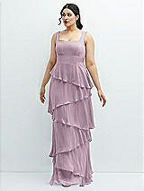 Front View Thumbnail - Suede Rose Asymmetrical Tiered Ruffle Chiffon Maxi Dress with Square Neckline