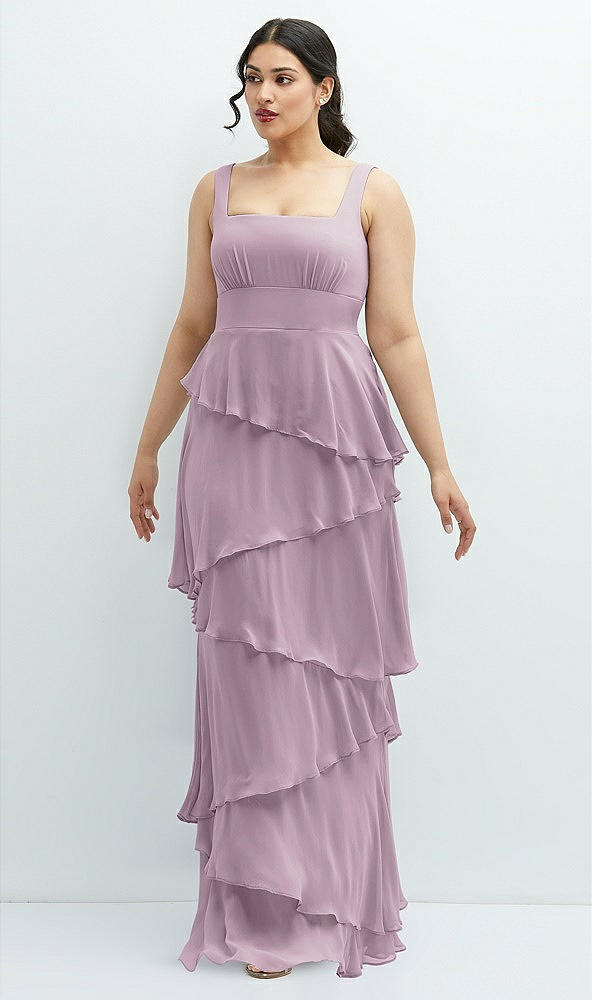 Front View - Suede Rose Asymmetrical Tiered Ruffle Chiffon Maxi Dress with Square Neckline