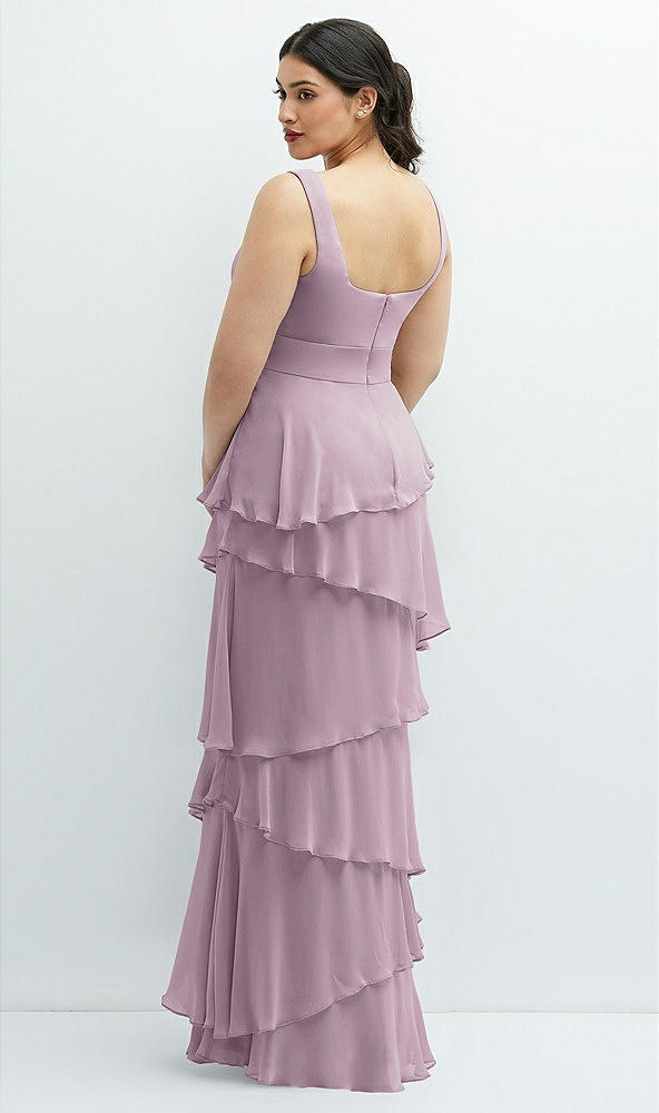 Back View - Suede Rose Asymmetrical Tiered Ruffle Chiffon Maxi Dress with Square Neckline