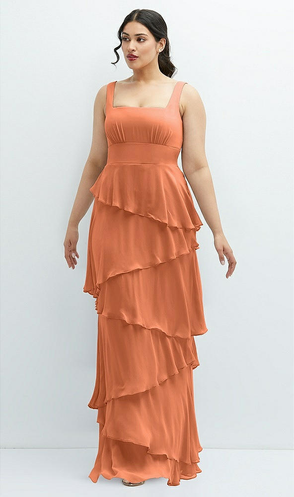 Front View - Sweet Melon Asymmetrical Tiered Ruffle Chiffon Maxi Dress with Square Neckline