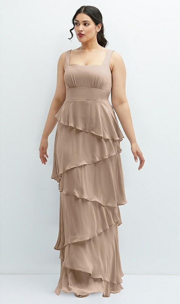 Front View - Topaz Asymmetrical Tiered Ruffle Chiffon Maxi Dress with Square Neckline