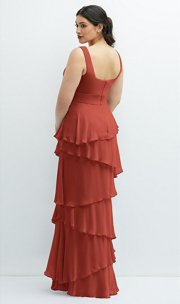 Back View - Amber Sunset Asymmetrical Tiered Ruffle Chiffon Maxi Dress with Square Neckline