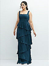 Front View Thumbnail - Atlantic Blue Asymmetrical Tiered Ruffle Chiffon Maxi Dress with Square Neckline