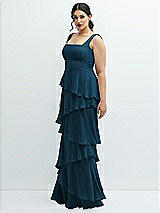 Side View Thumbnail - Atlantic Blue Asymmetrical Tiered Ruffle Chiffon Maxi Dress with Square Neckline