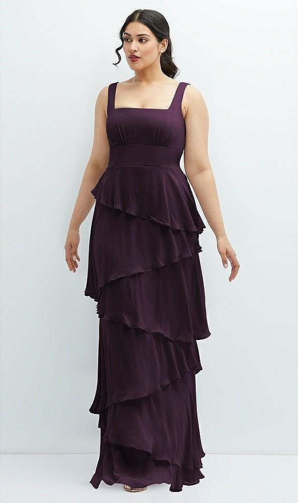 Front View - Aubergine Asymmetrical Tiered Ruffle Chiffon Maxi Dress with Square Neckline