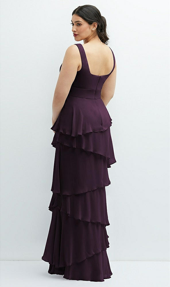 Back View - Aubergine Asymmetrical Tiered Ruffle Chiffon Maxi Dress with Square Neckline