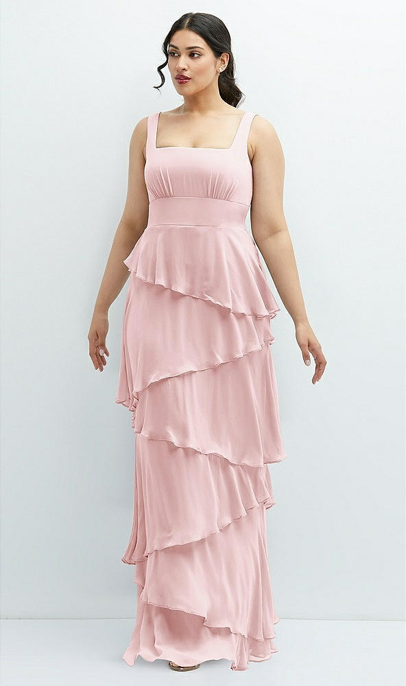 Front View - Ballet Pink Asymmetrical Tiered Ruffle Chiffon Maxi Dress with Square Neckline