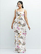 Front View Thumbnail - Butterfly Botanica Ivory Asymmetrical Tiered Ruffle Chiffon Maxi Dress with Square Neckline