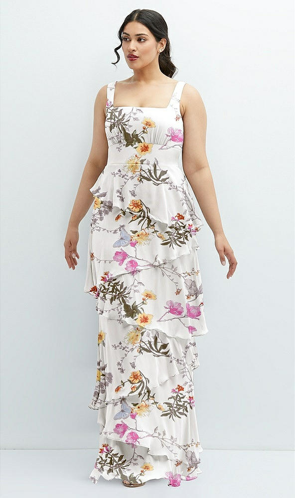 Front View - Butterfly Botanica Ivory Asymmetrical Tiered Ruffle Chiffon Maxi Dress with Square Neckline