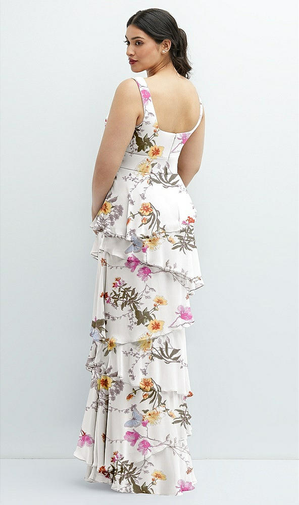 Back View - Butterfly Botanica Ivory Asymmetrical Tiered Ruffle Chiffon Maxi Dress with Square Neckline