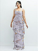 Front View Thumbnail - Butterfly Botanica Silver Dove Asymmetrical Tiered Ruffle Chiffon Maxi Dress with Square Neckline
