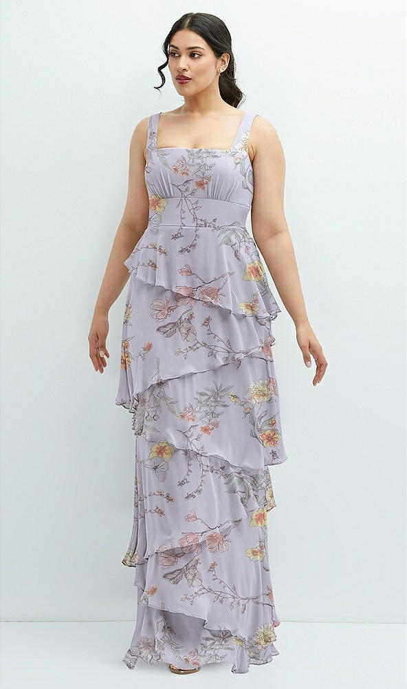Front View - Butterfly Botanica Silver Dove Asymmetrical Tiered Ruffle Chiffon Maxi Dress with Square Neckline