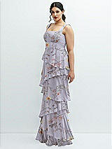 Side View Thumbnail - Butterfly Botanica Silver Dove Asymmetrical Tiered Ruffle Chiffon Maxi Dress with Square Neckline